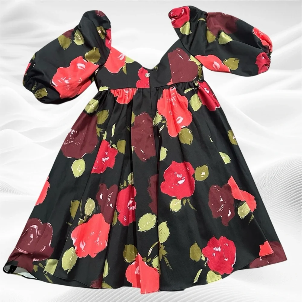 Kate Spade Just Rosy Beau Bow‎ Sweetheart Neck Puff Sleeve dress Size 0